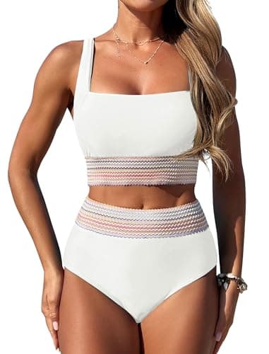 ZAFUL Women High Waisted Bikini Tummy Control Swimsuits Two Piece Swim Suits for Women 2025 Sporty Bathing Suit Swimwear White - Image 1