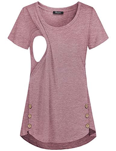 Maternity Tunic, Quinee Women Round Neck Short Sleeve Summer Breastfeeding Pajamas Layering Nursing Tops Easy Acces Home Wear Button Details Comfortable Knitted Shirts Rose Red XXL - Image 1