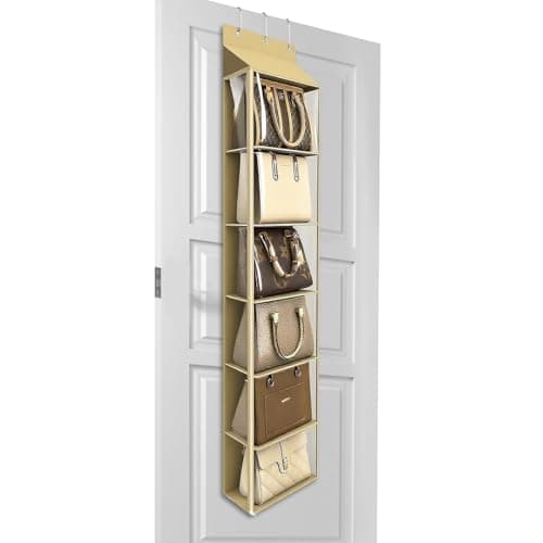 Lirex Over The Door Purse Organizer & Purse Shelf for Closet – Handbag Storage Organizer with Purse Hanger. Perfect for Scarves, Hats, and Leggings. S (11.8'' x 5'' x 51.6''), Khaki - Image 1