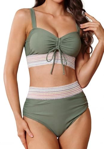 Pleneal Womens High Waisted Bikini Sets Two Piece Drawstring Swimsuits Color Block Tummy Control Bathing Suit - Image 1