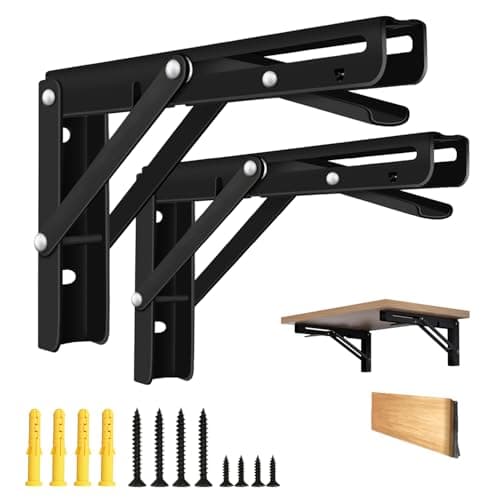 AINVLPRO Folding Shelf Brackets, Collapsible Heavy Duty Shelf Brackets for Fold Down Desk, 8 Inch with 2 Pack, Black