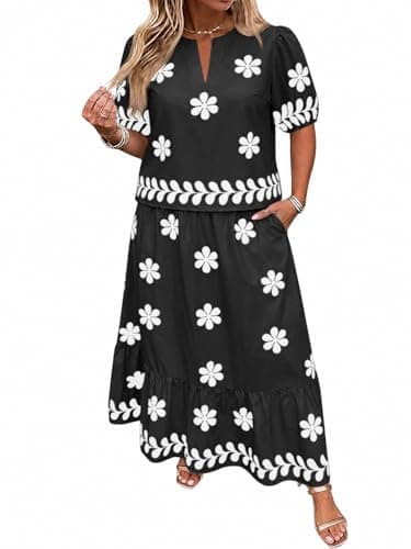 Beautife Womens Plus Size 2 Piece Skirt Sets Floral Puff Sleeve Tops A Line Maxi Dress Summer Matching Sets Vacation Outfits - Image 1