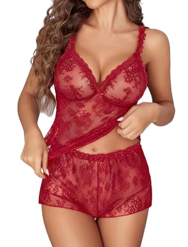 Avidlove Sexy Pajama Set for Women Lace Sleepwear Valentine's Lingerie Cami and Panty Set Wine Red XL - Image 1