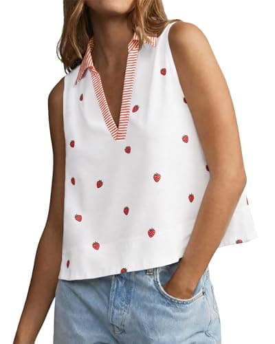 Tankaneo Womens Striped V Neck Tank Tops Summer Casual Collared Sleeveless Shirts Fruit Print Loose Fit Polo Shirt - Image 1