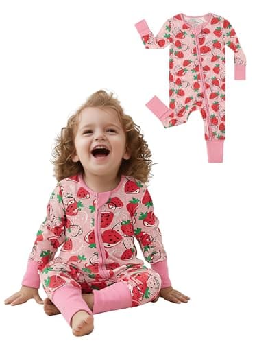 Infant Boys Girls Outfit Clothes Set Newborn Baby Romper Bamboo Long Sleeve Zipper Bodysuit Jumpsuit (Strawberry, 6-9M) - Image 1