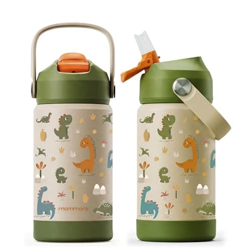 Mommore Kids Insulated Water Bottle with Soft Rubber Handle, 12oz Stainless Steel Thermos with Straw Lid, Leak Proof, Easy to Clean Design, Vacuum Small Canteen for School gBoys Girls, Dinosaur-1 Pc - Image 1