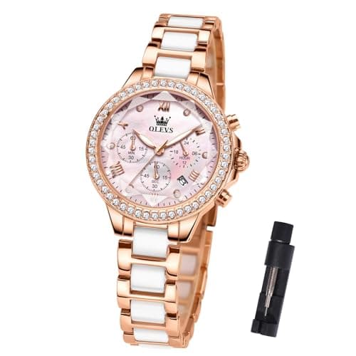 OLEVS Women's Rose Gold Watch Luxury Pink Mother of Pearl Dial Waterproof Ceramic Stainless Steel Bracelet Elegant Ladies Chronograph Watch Quartz Diamond Bezel Fashion Gift Her reloj para Mujer - Image 1