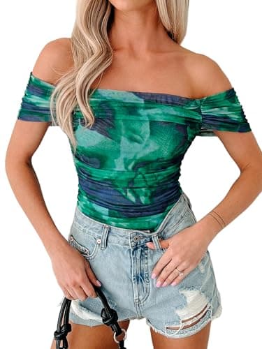 Glamaker Women Off The Shoulder Mesh Tops 2026 Summer Floral Sheer Short Sleeve Ruched Fitted Going Out Y2k Shirts Blouses Floral Green XL - Image 1