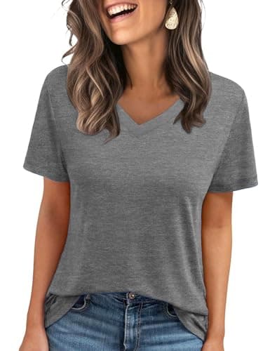 C.O.Z.Y Short Sleeve T-Shirts V Neck T Shirts for Women Light Weight Casual Summer Top Outfit Clothes 2025 Gray L - Image 1