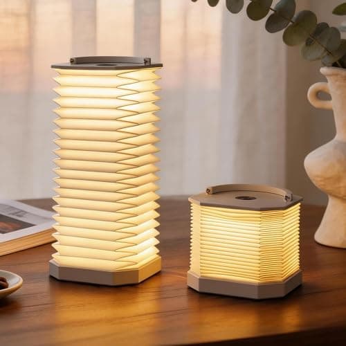 Ba suns Portable Paper Lamp,White Accordion Desk Lamp,Japanese Lanterns lamp for Home Decoration and Gift,Dimmable Bedside Lamp,1200mAh USB Powered Night Light for Bedroom,Office,Reading (White - Image 1