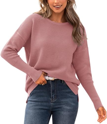 BTFBM Casual Women 2026 Fall Sweater Long Sleeve Ribbed Knit Pullover Loose Crewneck Batwing Split Sweater(Dusty Pink,X-Small) - Image 1