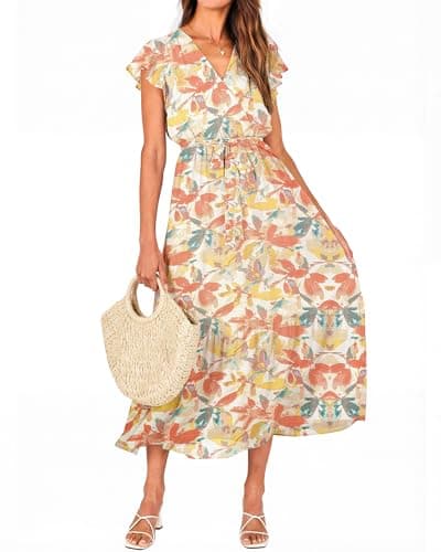 BTFBM Women Summer Bohemian Floral Casual Wrap V Neck Ruffle Cap Sleeveless Belt A-Line Pleated Hem Swing Midi Sun Dress(White Big Flower,Large) - Image 1