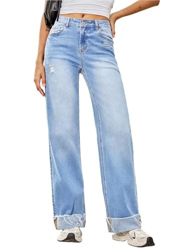 Sidefeel Women's Wide Leg Jeans High Waisted Stretchy Distressed Folded Hem Straight Leg Denim Pants Iceland Blue Size 16 - Image 1