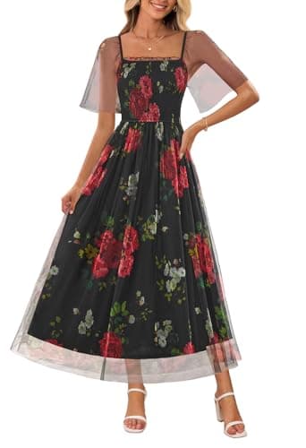 MEROKEETY Women's 2025 Summer Short Sleeve Floral Tulle Dress Square Neck Smocked Party Wedding Boho Maxi Dresses, Black, L