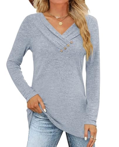 FMEYOA Women's Fall Long Sleeve Tunic Tops for Leggings V Neck Button Casual Blouse Sweatshirt(Blue Grey,Medium) - Image 1