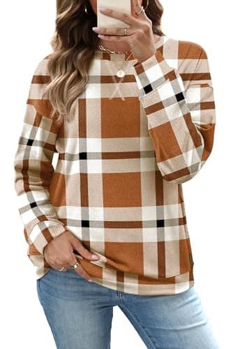 RUMIA Womens Ladies Casual Long Sleeve Crewneck Sweatshirt Loose Fit Plaid Basic Fall Clothes Pullover Sweatshirts for Women 2025 Fashion Brown Plaid 2XL - Image 1