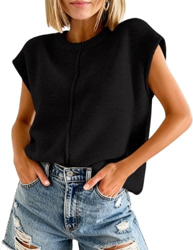 Casual Pullover Vest for Women, Round Neck Sleeveless Knit Top Black - Image 1