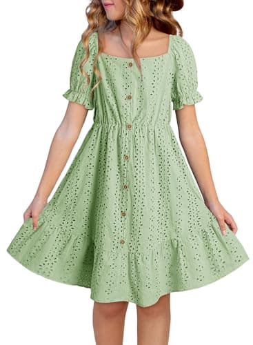 DOKOTOO KIDS Girls Dresses Summer Teen Girl Short Sleeve Party Dress Tween Junior A-line Cotton Cute Casual Eyelet Button Flowy Cute Tropical Beach Outfits Green Medium Size 6 7 Years Old - Image 1
