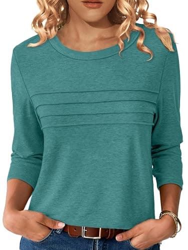 NORACORA 3/4 Sleeve Tops for Women T Shirts Dressy Casual Spring Fall Outfits Pleated Front Shirts Round Neck Casual Tunic Basic Tee Tops Cyan XXL - Image 1