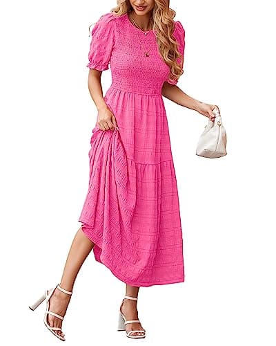 dowerme Womens Summer Dresses 2025 Casual Puff Short Sleeve Crewneck Smocked Flowy Ruffle Boho Beach Party Maxi Sundress(Rose Pink,Small) - Image 1