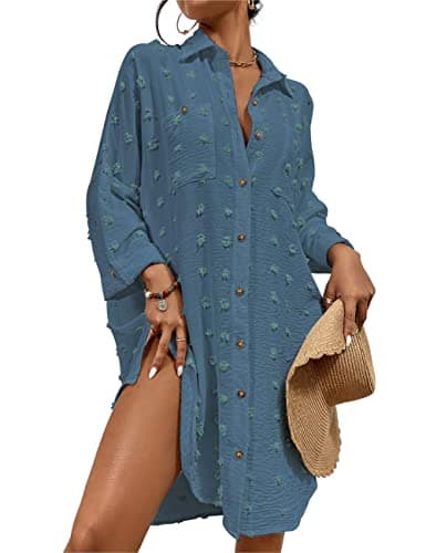 Bsubseach Women Swimsuit Coverup Blouse Button Down Shirt Dresses Swiss Dot Tops Grey Blue - Image 1