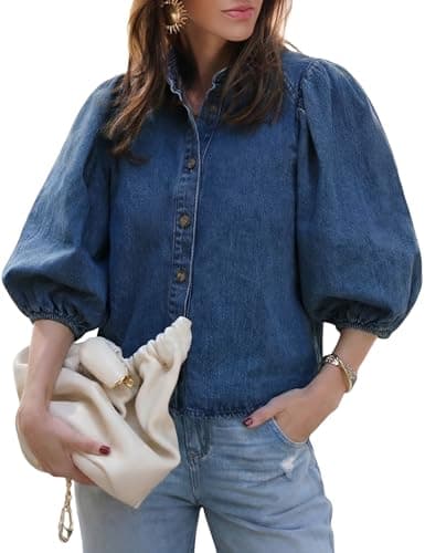 POTILI Women's Denim Shirt, Button Down Short Puff Sleeve Jean Top Summer Outfits Trendy Dark Blue - Image 1