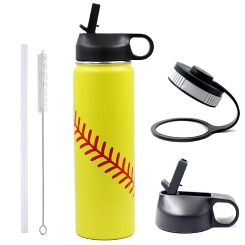 Softball Water Bottle 22 oz Sports Flask Metal Travel Tumbler with 2 Lids, Stainless Steel Double Wall Vacuum Insulated Leak Proof Water Bottles, Softball Accessories Stuff Gifts for Mom Boys Girls