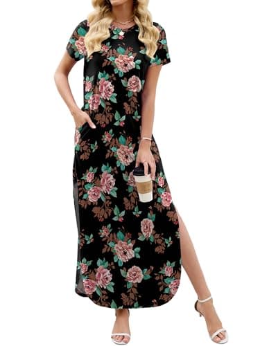 Heymoments Womens Summer Maxi Dress Floral Print X-Large Short Sleeve Casual Loose Fitted Long T Shirt Ladies Flowy Dresses Split Cute Vacation Party Beach Travel Elegant Sundress with Pockets - Image 1
