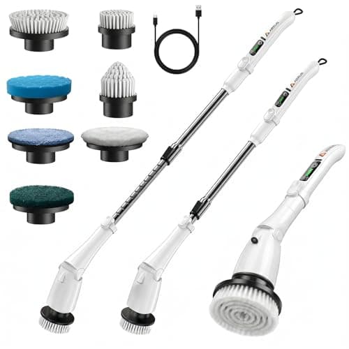 AOZUO Electric Spin Scrubber, Power Cleaning Brush with 3 Speed Modes LED Light, 7 Replaceable Heads Cordless Shower Scrubber, Long Handle Extendable Scrubber for Bathroom, Floor, Tub, Tile, Grout - Image 1