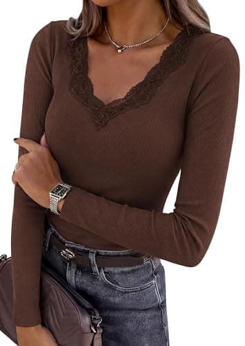 PRETTYGARDEN Womens Long Sleeve V Neck Fitted Shirts (Brown,Small) - Image 1