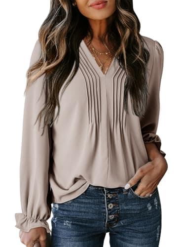 Dokotoo Gray Blouses for Women Dressy Casual Long Puff Sleeve Tops Casual V Neck Pleated T Shirts Basic Solid Shirts Tops Oversized Pullover Shirt X-Large - Image 1