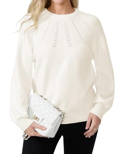 COSSEN Womens Fall Sweater Casual Long Sleeve Crewneck Pullover Sweaters Hollow Out Trendy Outfit S Off White - Image 1