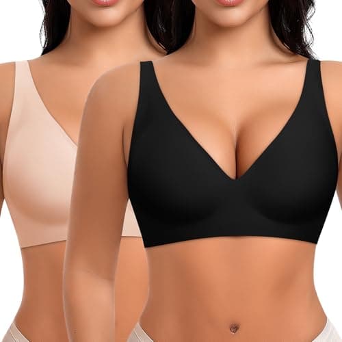 Ganado Deep V Wireless Bras for Women No Underwire Push Up Seamless Padded Comfort Bra Supportive Wirefree Bralette (Black+Nude, XX-Large) - Image 1