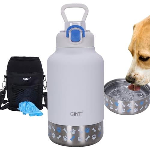 GiNT 37oz Insulated Stainless Steel Dog & Human Water Bottle, All-in-1 Travel Dispenser with Detachable Bowls & Carrying Case, Leak-Proof Pet Canteen for Walking, Hiking, Camping, Car (White) - Image 1