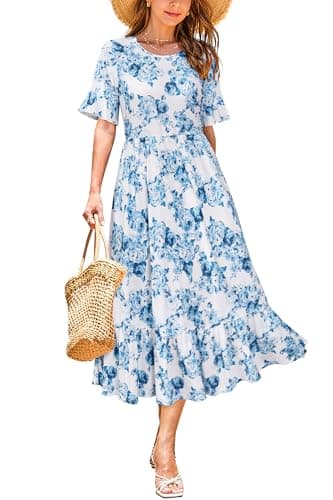 STYLEWORD Women's 2026 Summer Casual Short Sleeve Crewneck Boho Dress Flowy Maxi Maxi Beach Vacation Spring Hawaiian Dresses(Floral29,L) - Image 1