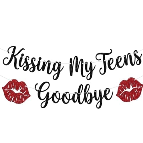 Black Glitter Kissing My Teens Goodbye Banner with Red Lips - Happy 20th Birthday Decorations for Girls Boys, Hello 20 Twenties Party Supplies, Funeral for My Youth Farewell 19 Photo Booth Backdrop - Image 1