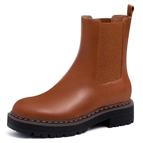 Athlefit Chelsea Ankle Boots for Women Platform Lug Sole Brown Boots Comfortable Slip On Fall Dress Short Booties Size 7 - Image 1