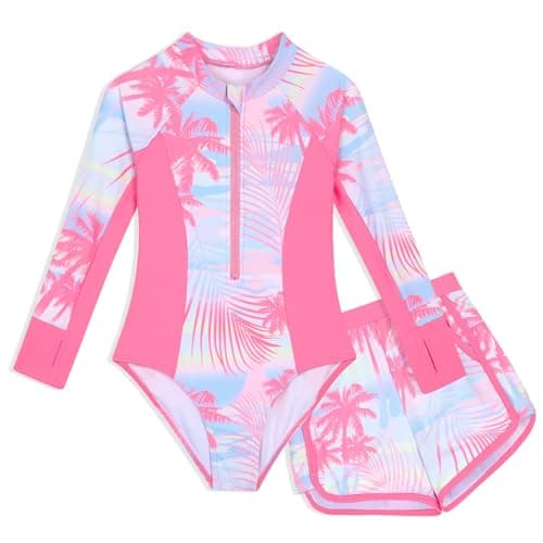 Rashguard Swimsuit for Girls One Piece Long Sleeve Two Piece Rash Guard Sets with Shorts Kids UPF 50+ Sun Protection Bating Suits Pink Palm Size 9-10 - Image 1
