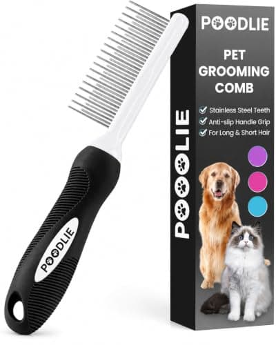 POODLIE Poodle Pet Dog Combs for Grooming Matting - Metal Comb for Dogs with Long & Short Stainless Steel Teeth - Dematting Comb for Cats to Remove Matted Hair & Knots, Black