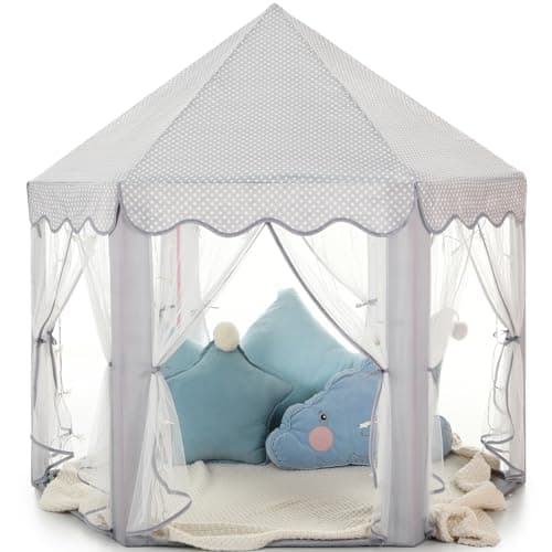 Monobeach Princess Tent Girls Large Playhouse Kids Castle Play Tent with Star Lights Gift Toy for Children Indoor and Outdoor Games, 55'' x 53'' (DxH) (Grey) - Image 1
