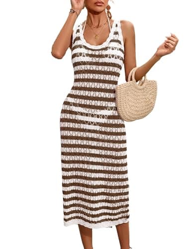 BreathSunny Womens Crochet Knit Beach Bikini Stripted Cover Up Dress Summer Sleeveless 2025 Bathing Suit Coverups Dresses White+Khaki L - Image 1