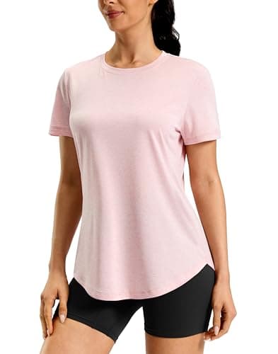 Workout Shirts for Women Dry Fit Cooling Short Sleeve Tops Lightweight Sun Protection Gym Active Hiking Running Hip-Length Coverage (Peach Pink,Small) - Image 1