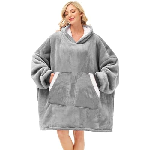 Kipswiza Oversized Wearable Blanket Hoodie, Cozy Fluffy Sherpa Fleece Hooded Blankets Sweatshirt Gifts for Women Men Friends Adult Teens, Light Grey - Image 1