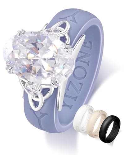 Silicone Ring with Stone Silicone Rings for Her–Comfortable Everyday Workout Ring, 4 Colors Included, White Gold Plated Cubic Zirconia Oval Ring with Celtic Knot, Patent Pending Design, White Gold Plated Size 9 - Image 1