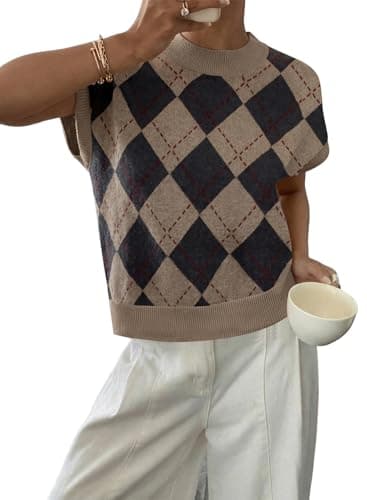 BLENCOT Womens Argyle Plaid Preppy Style Sweaters Summer Cap Sleeve Cropped Knit Tank Tops 2026 Fashion Clothing Khaki S - Image 1