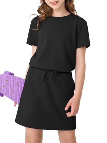XMWEALTHY Girls Two Piece Outfits Spring Summer Pullover T-Shirt and Skirts with Built-in Shorts and Pockets Kids Sports Set Black 7-8Y - Image 1