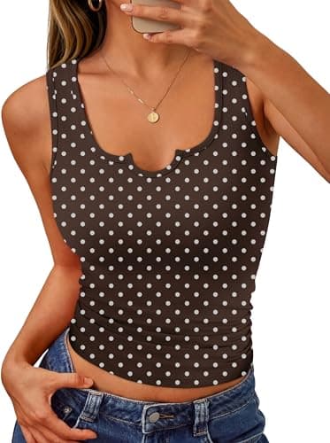 JUICICI Womens Summer Tops 2026 Sexy Y2k Trendy Tank Tops Sleeveless Shirts U Neck Polka Dot Top Beach Vacation Outfits Fashion Clothing Slim Fit Summer Clothes Brown Polka Dot M - Image 1