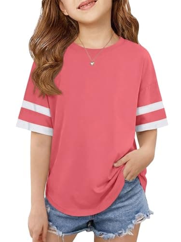 ZDC Girls Striped Short Sleeve T Shirts Kids Crewneck Loose Fit Tunic Tops Summer Tees Blouses 5-14 Years Deep Pink - Image 1