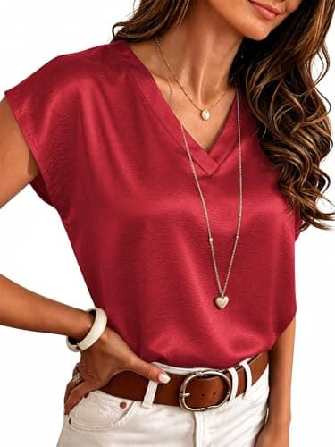 RUMIA Satin Blouses for Women Dressy Casual V Neck Cap Sleeve Shirts 2026 Summer Business Work Blouse Outfits Trendy Red - Image 1