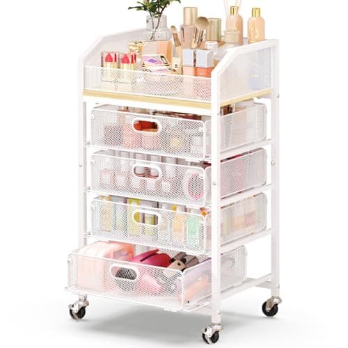 Goovilla Rolling Makeup Organizer Cart with Drawers, 5 Tier Metal Floor Skincare Vanity Organizers with Lockable Wheels, Make Up Storage Cart for Cosmetics Display, Nail Polish, Perfume, White - Image 1